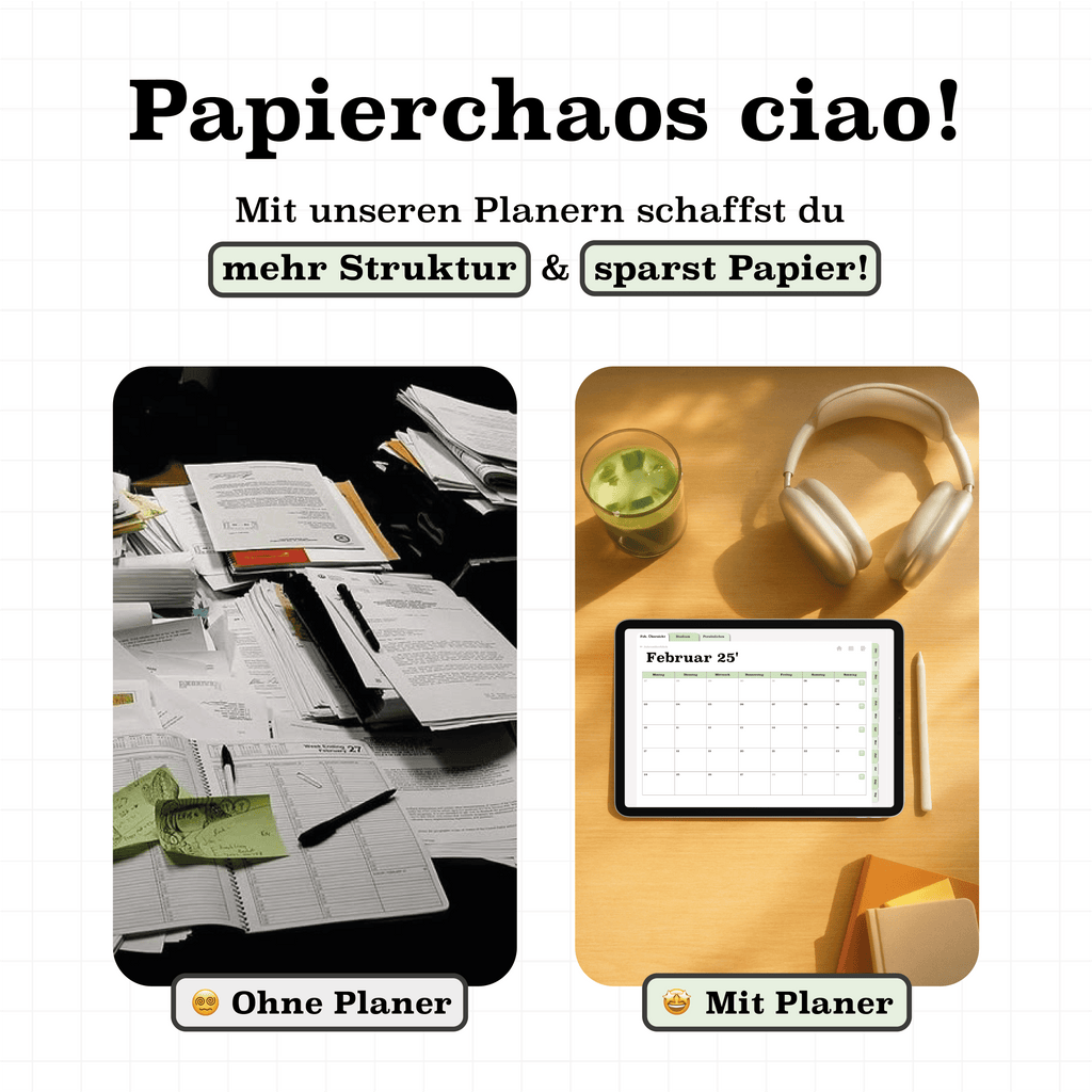 Vergleich zwischen Zettelchaos ohne Planer und strukturierter Monatsübersicht im grünen digitalen Semesterplaner 2025/26 auf dem iPad